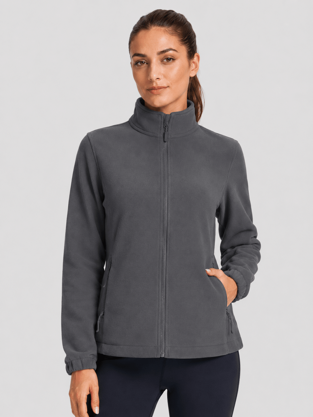 YUCOLEN Women's Lightweight Full Zip Fleece Jacket Windproof Stand Collar Outdoor Sweatshirt in Charcoal Gray