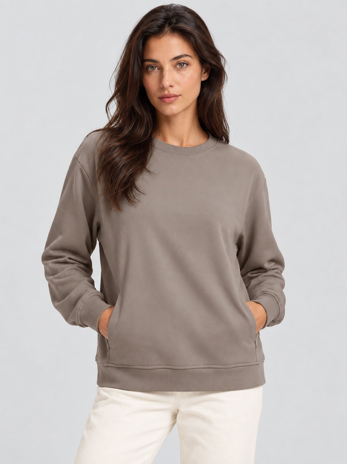 YUCOLEN Womens Warm Fleece Crewneck Sweatshirt with Zip Pockets in Coffee Grey