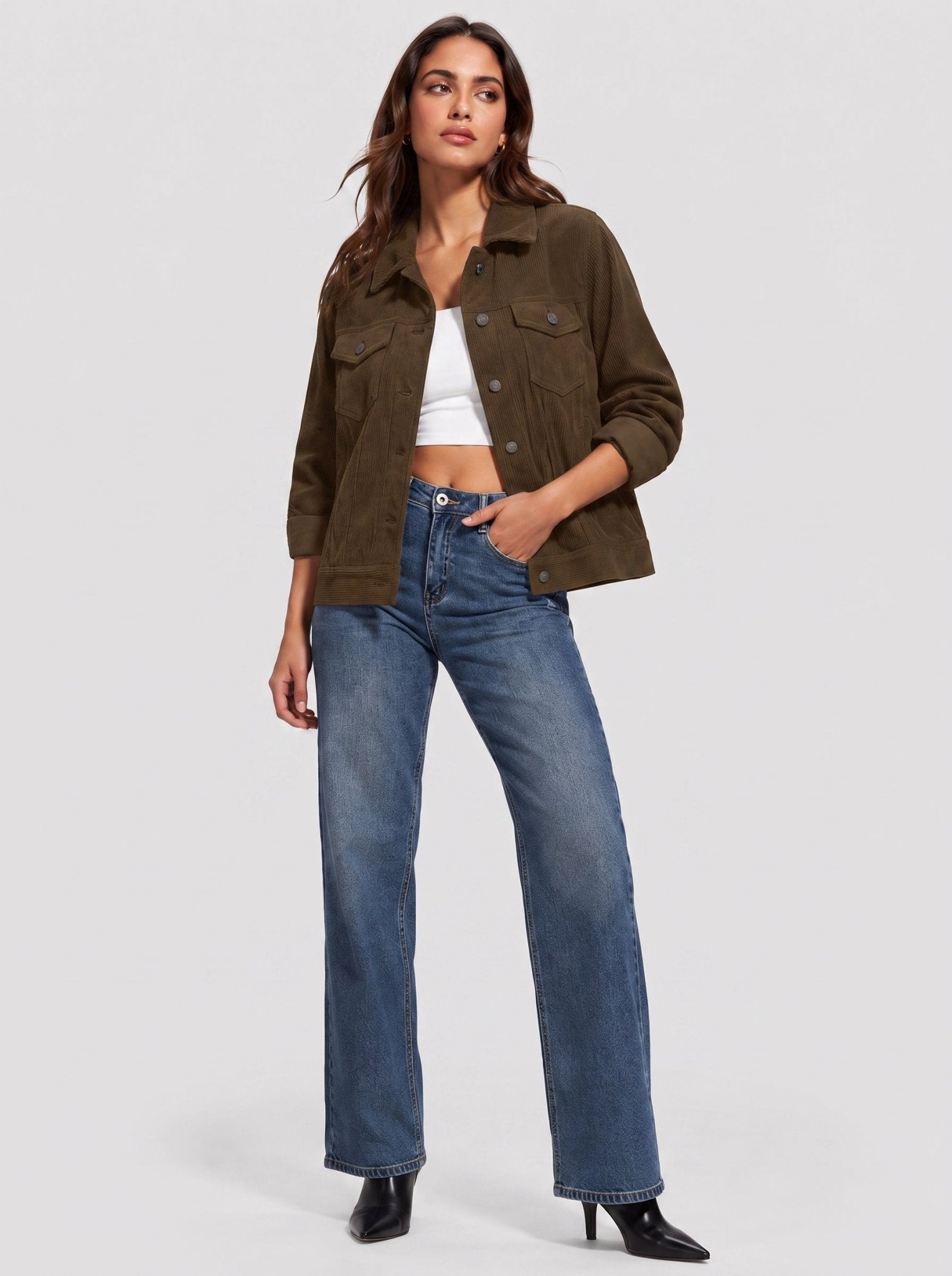 YUCOLEN Women's Lightweight Cropped Corduroy Shacket with 4 Pockets Button Down Casual Jacket in Coffee