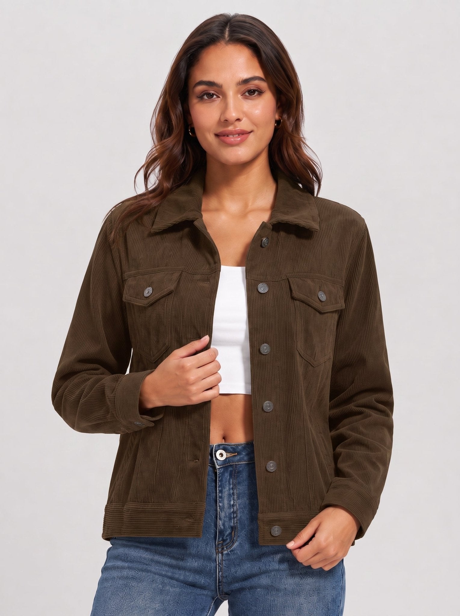 YUCOLEN Women's Lightweight Cropped Corduroy Shacket with 4 Pockets Button Down Casual Jacket in Coffee
