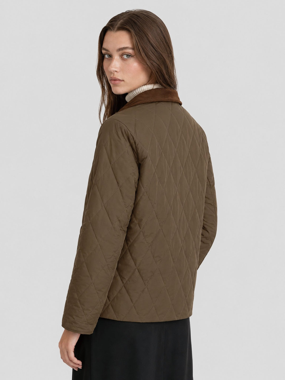 YUCOLEN Women's Quilted Jacket Retro Corduroy Collar Lightweight Padded Coat in Coffee