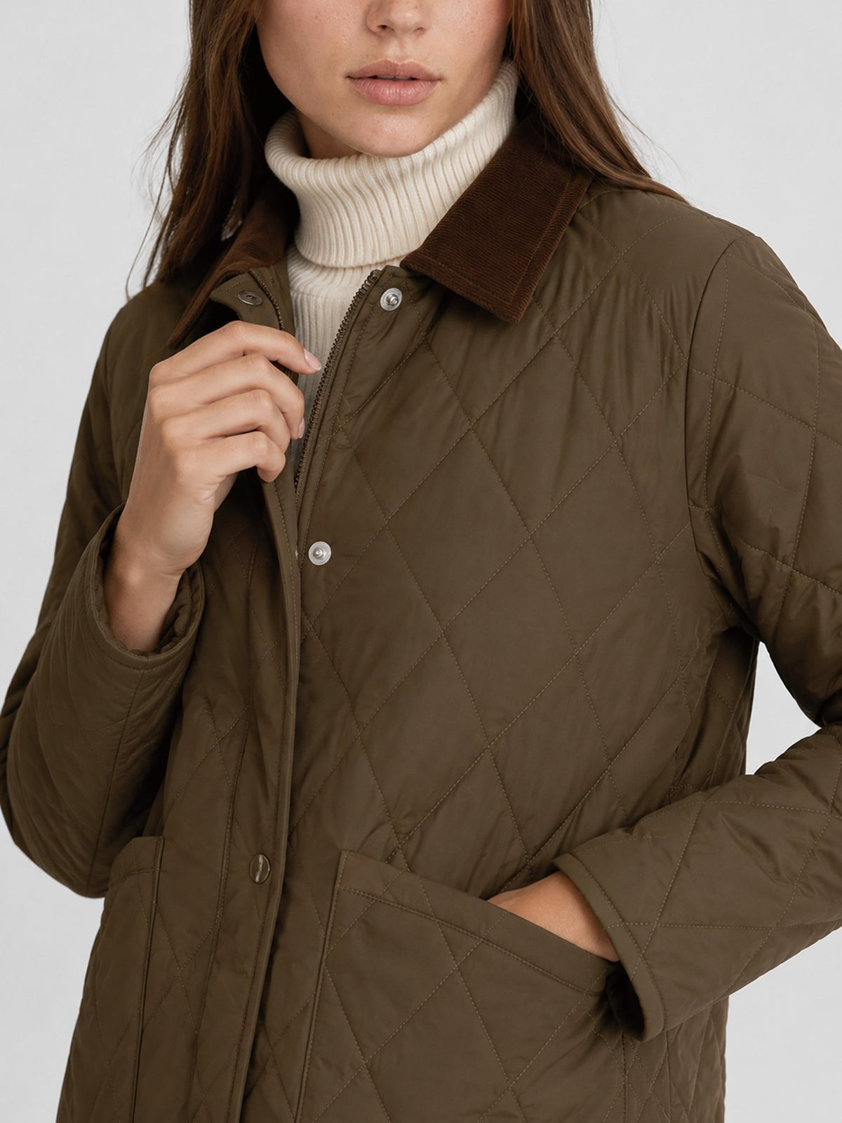 YUCOLEN Women's Quilted Jacket Retro Corduroy Collar Lightweight Padded Coat in Coffee