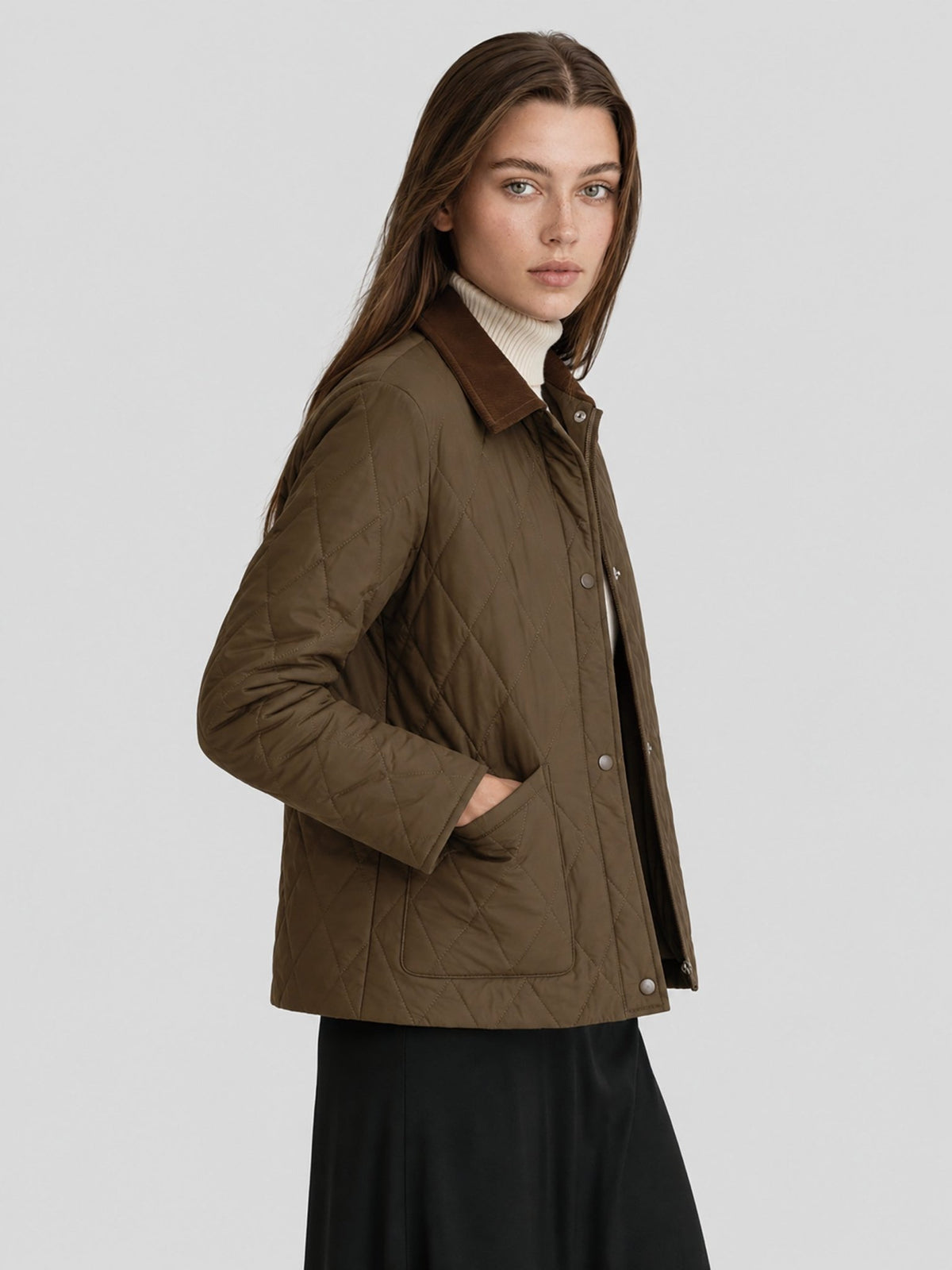 YUCOLEN Women's Quilted Jacket Retro Corduroy Collar Lightweight Padded Coat in Coffee