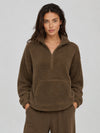 YUCOLEN Women's Stretchy Half Zip Fuzzy Sherpa Pullover with Kangaroo Pocket in Coffee