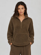 YUCOLEN Women's Stretchy Half Zip Fuzzy Sherpa Pullover with Kangaroo Pocket in Coffee
