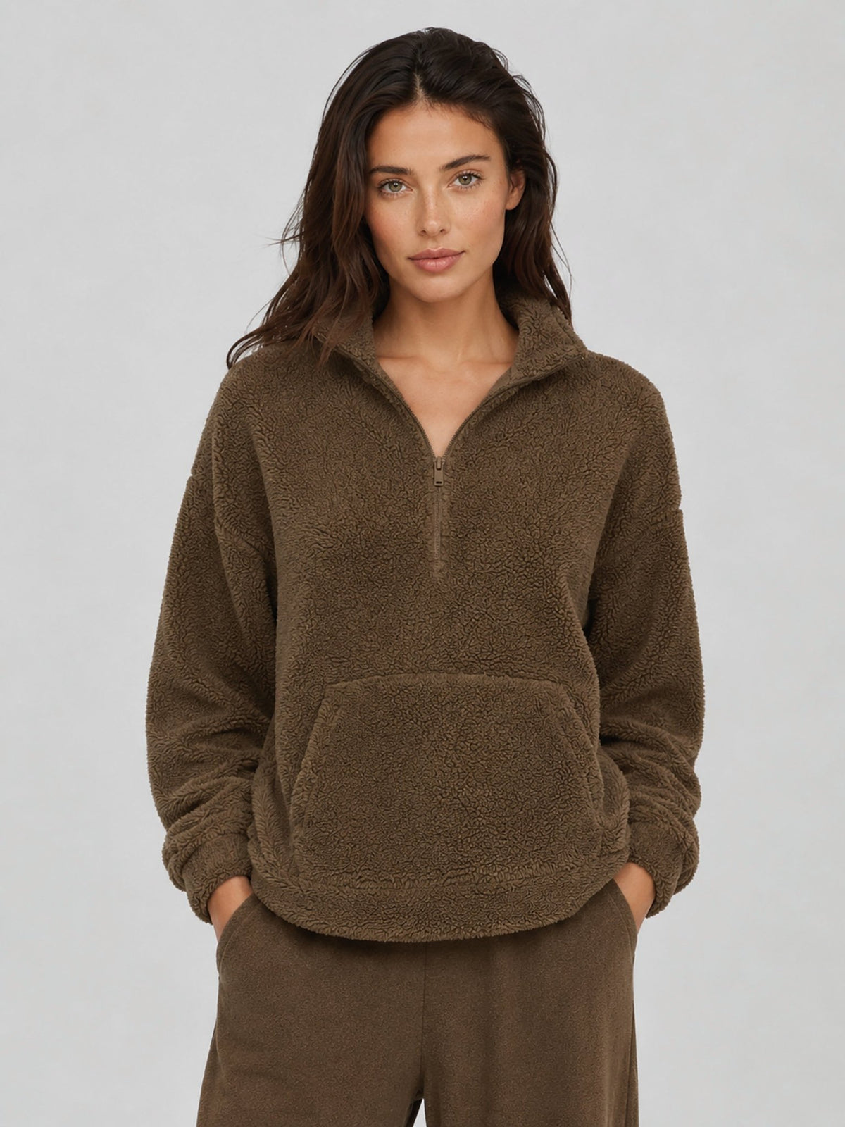 YUCOLEN Women's Stretchy Half Zip Fuzzy Sherpa Pullover with Kangaroo Pocket in Coffee