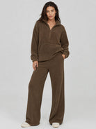 YUCOLEN Women's Stretchy Half Zip Fuzzy Sherpa Pullover with Kangaroo Pocket in Coffee