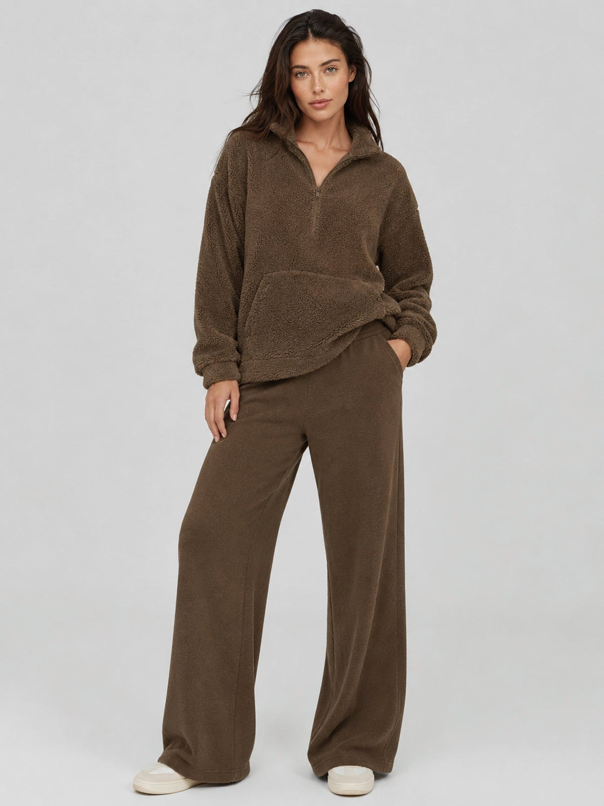 YUCOLEN Women's Stretchy Half Zip Fuzzy Sherpa Pullover with Kangaroo Pocket in Coffee