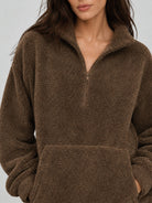 YUCOLEN Women's Stretchy Half Zip Fuzzy Sherpa Pullover with Kangaroo Pocket in Coffee