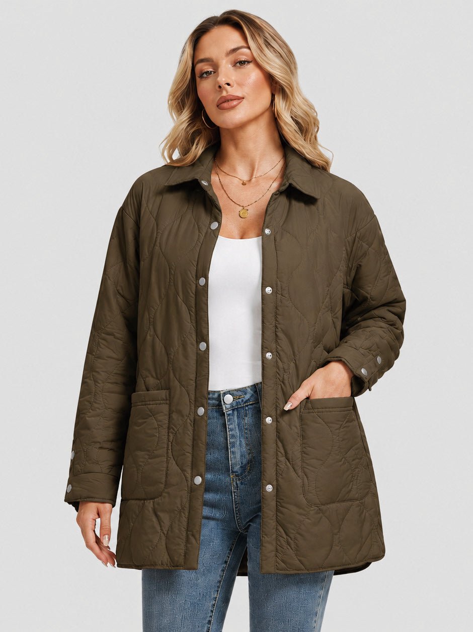 YUCOLEN Women's Water Ripple Quilted Shacket Lightweight Button Down Coat with Pockets in Coffee