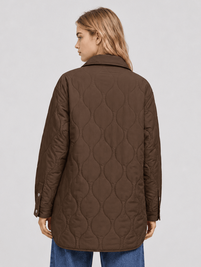 YUCOLEN Women's Water Ripple Quilted Shacket Lightweight Button Down Coat with Pockets in Coffee