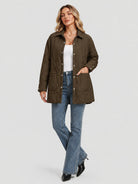 YUCOLEN Women's Water Ripple Quilted Shacket Lightweight Button Down Coat with Pockets in Coffee