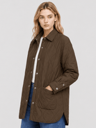 YUCOLEN Women's Water Ripple Quilted Shacket Lightweight Button Down Coat with Pockets in Coffee
