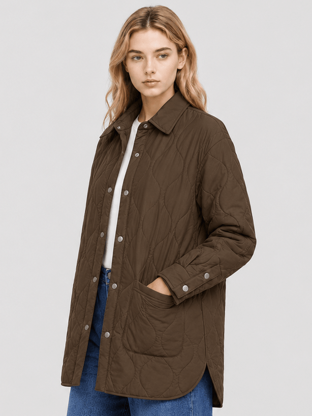 YUCOLEN Women's Water Ripple Quilted Shacket Lightweight Button Down Coat with Pockets in Coffee