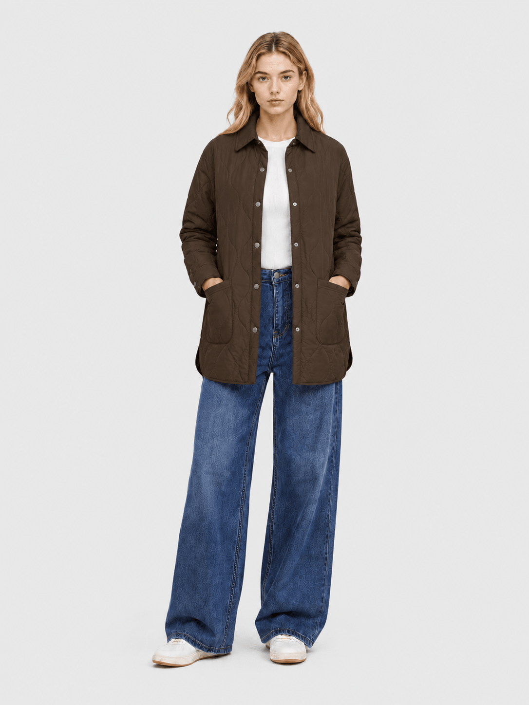 YUCOLEN Women's Water Ripple Quilted Shacket Lightweight Button Down Coat with Pockets in Coffee