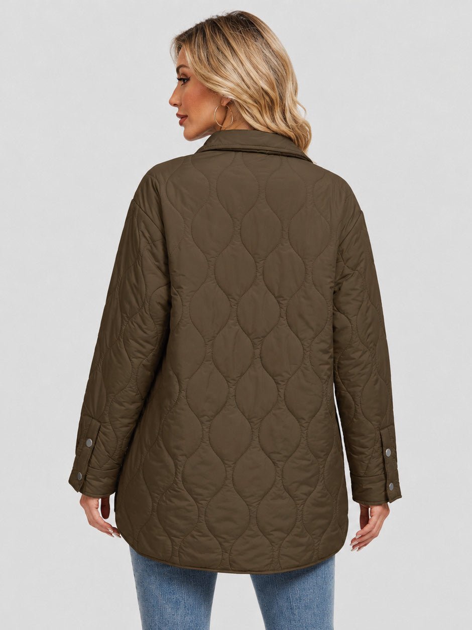 YUCOLEN Women's Water Ripple Quilted Shacket Lightweight Button Down Coat with Pockets in Coffee