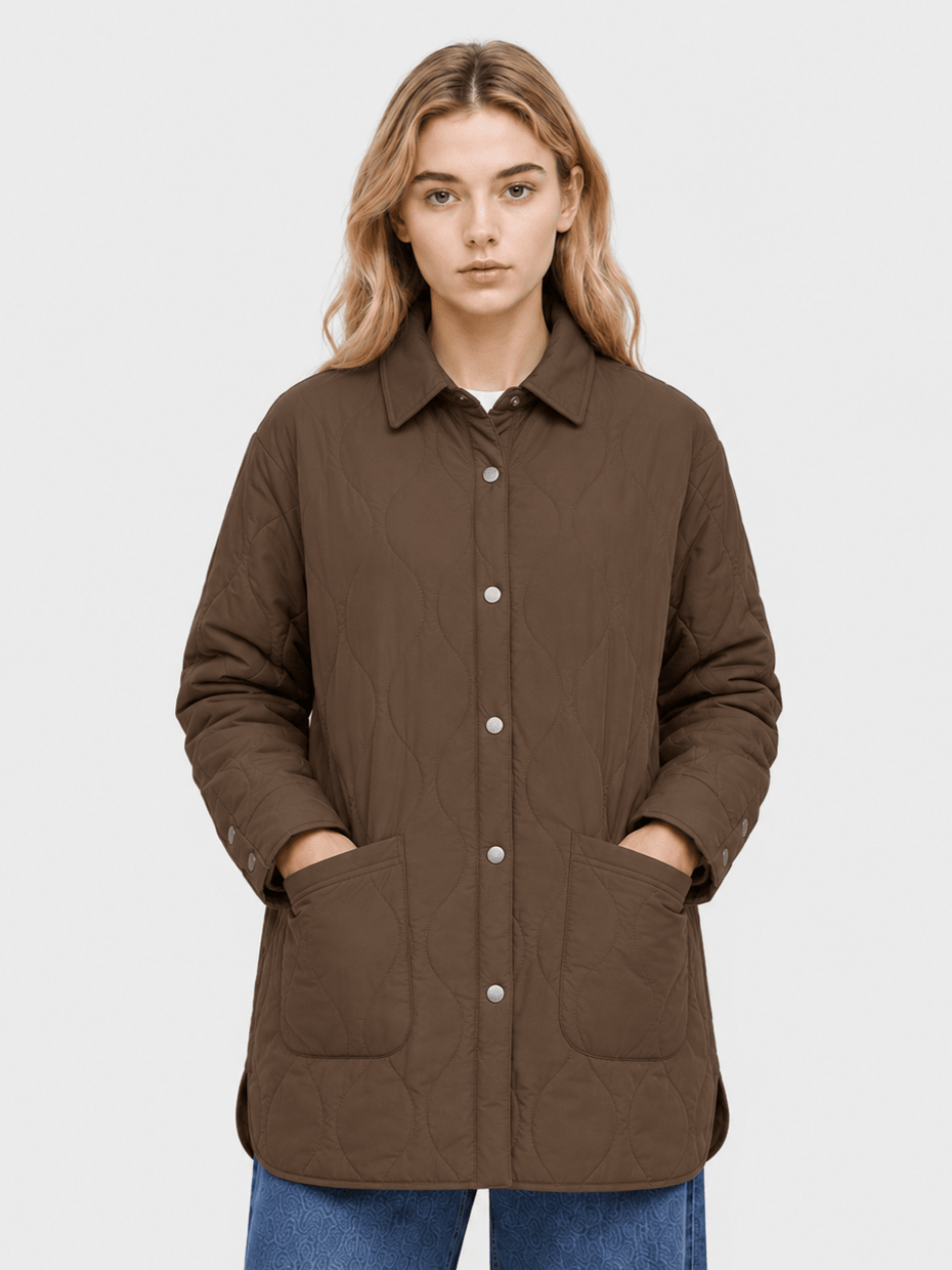 YUCOLEN Women's Water Ripple Quilted Shacket Lightweight Button Down Coat with Pockets in Coffee