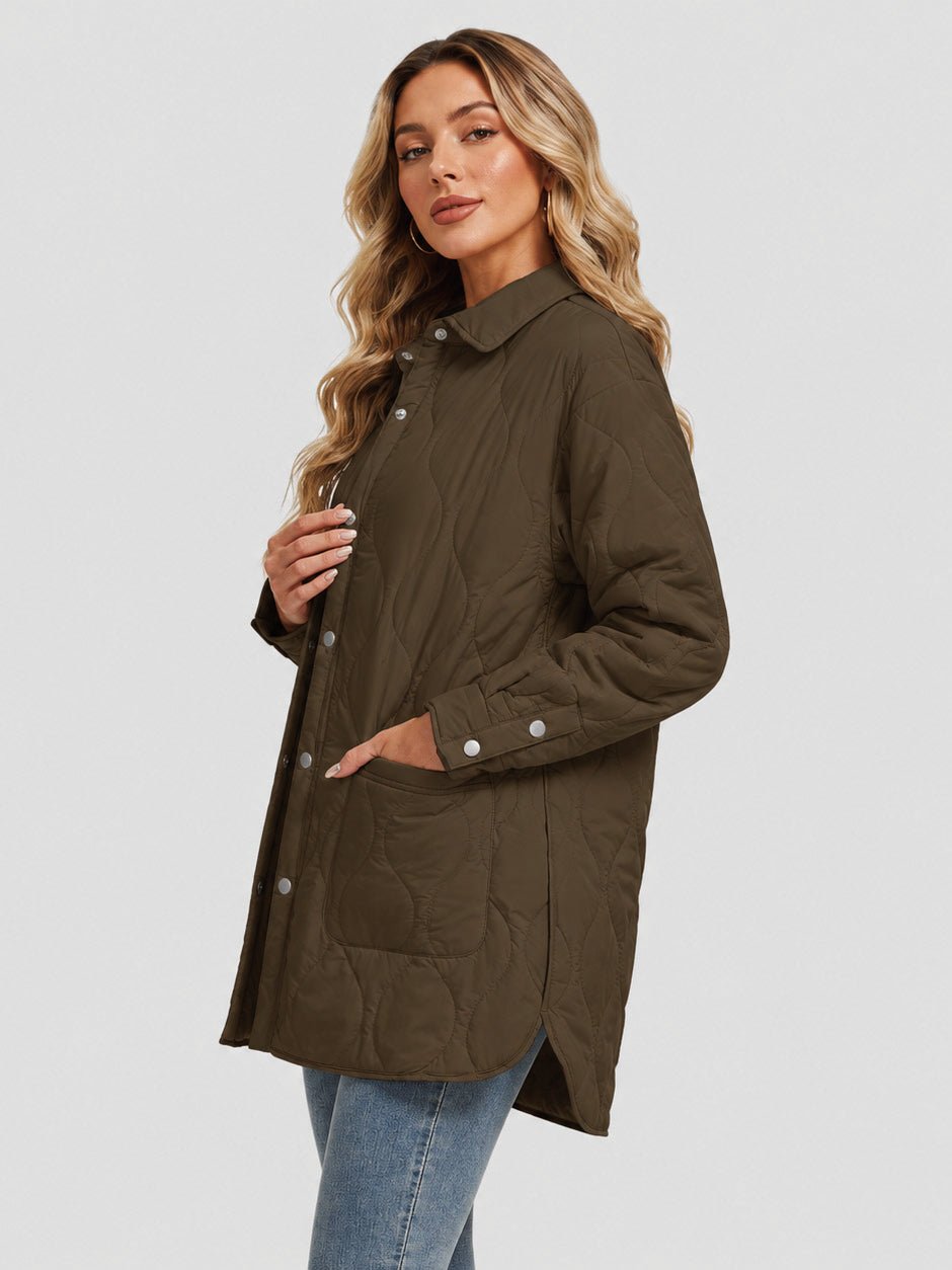 YUCOLEN Women's Water Ripple Quilted Shacket Lightweight Button Down Coat with Pockets in Coffee