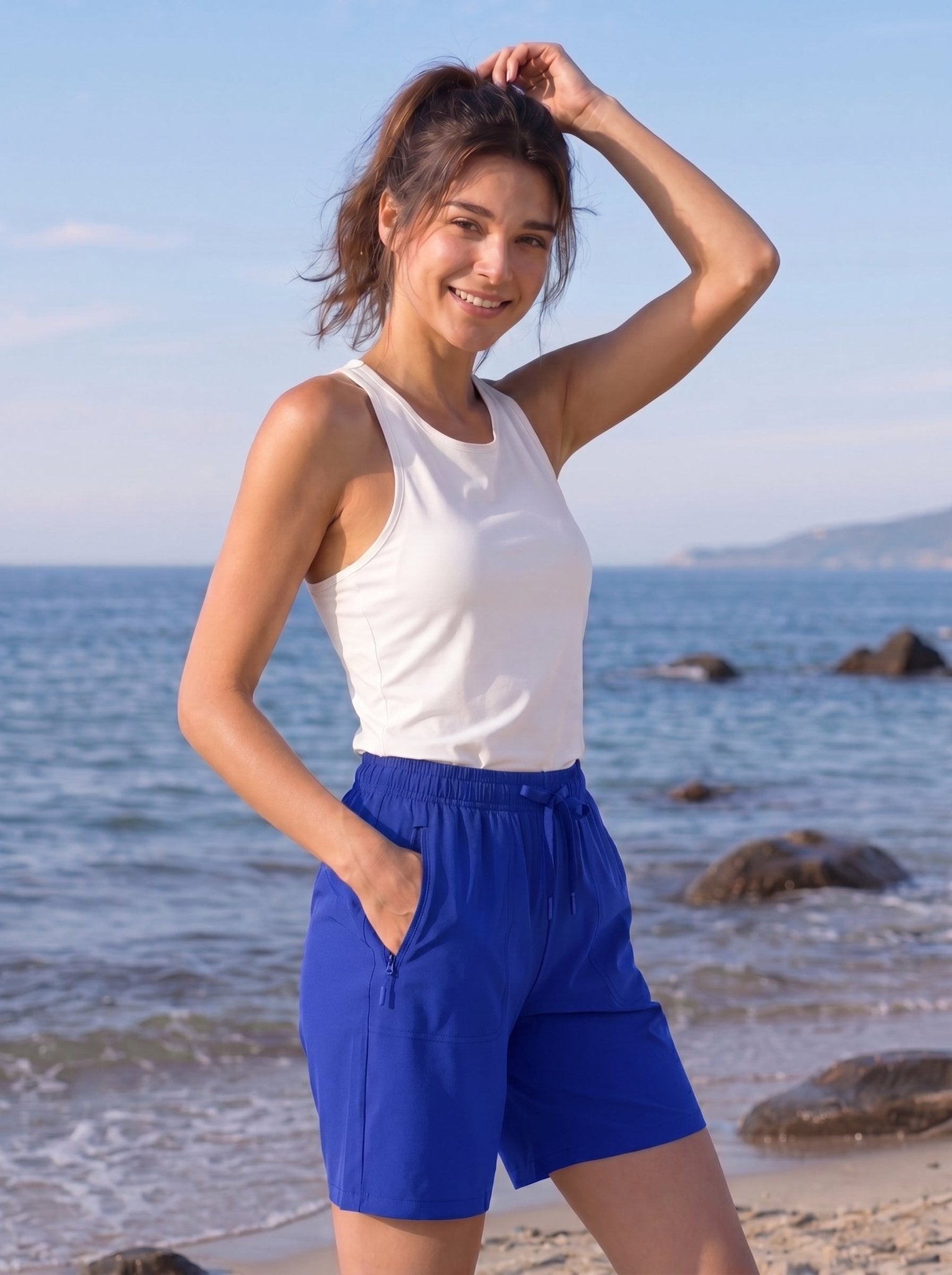 YUCOLEN Women 8 Inch Inseam Hiking Shorts - Water Resistant Quick Dry Golf Shorts with Zipper Pockets in Color Blue