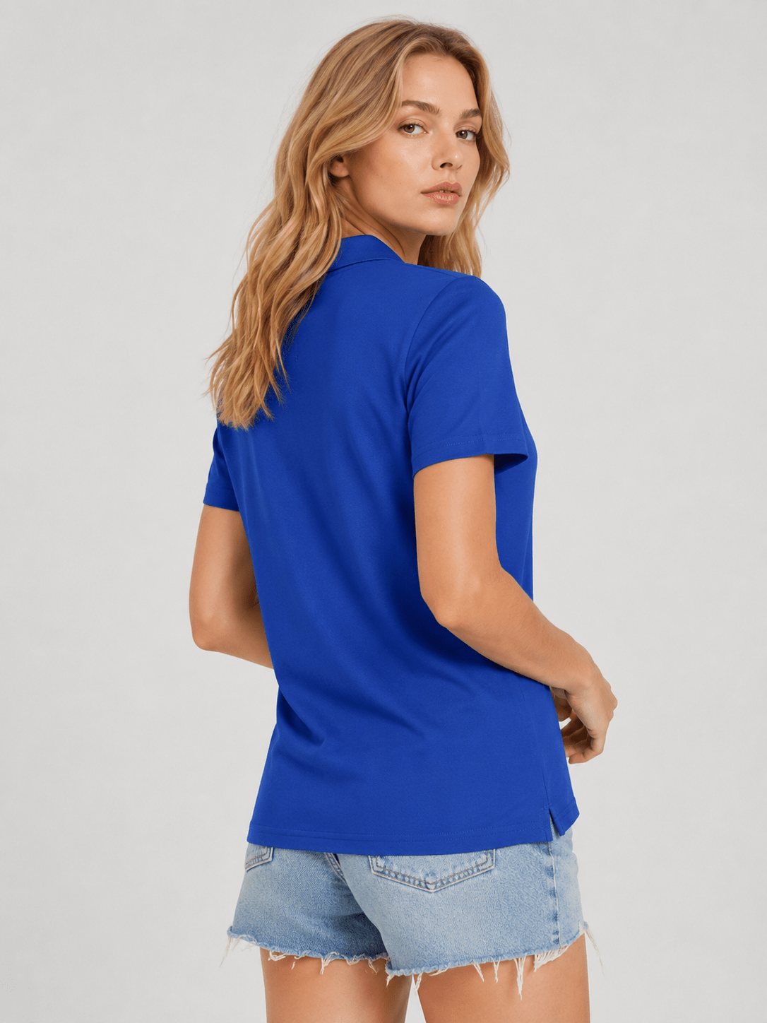 YUCOLEN Women's Short Sleeve Cotton Polo Shirt Breathable 3-Button Collared Top in Color Blue