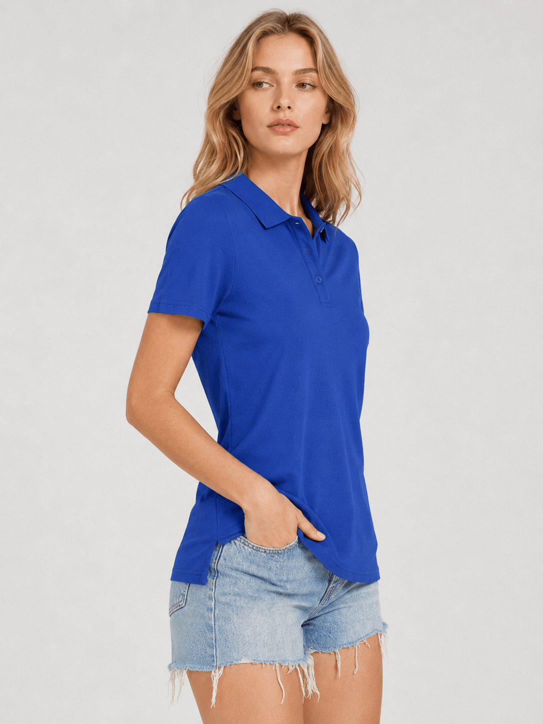 YUCOLEN Women's Short Sleeve Cotton Polo Shirt Breathable 3-Button Collared Top in Color Blue