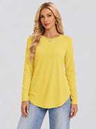 YUCOLEN Women's Long Sleeve Crewneck Tunic Top with Curved Hem in Cream Yellow