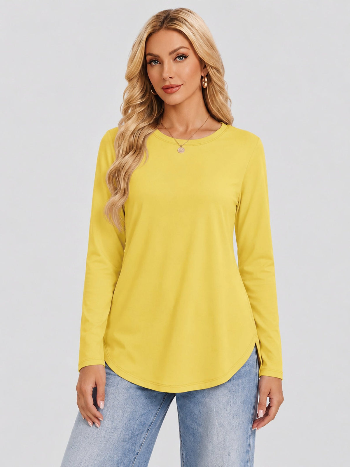 YUCOLEN Women's Long Sleeve Crewneck Tunic Top with Curved Hem in Cream Yellow