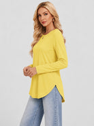 YUCOLEN Women's Long Sleeve Crewneck Tunic Top with Curved Hem in Cream Yellow