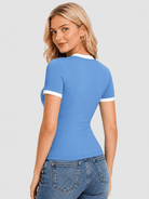 YUCOLEN Women Slim Fit Color Block Crop Top - High Stretch Athletic Shirt in Dark Blue