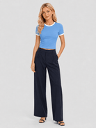 YUCOLEN Women Slim Fit Color Block Crop Top - High Stretch Athletic Shirt in Dark Blue