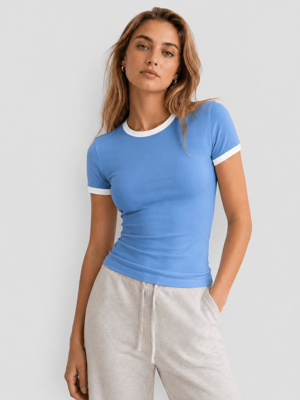 YUCOLEN Women Slim Fit Color Block Crop Top - High Stretch Athletic Shirt in Dark Blue