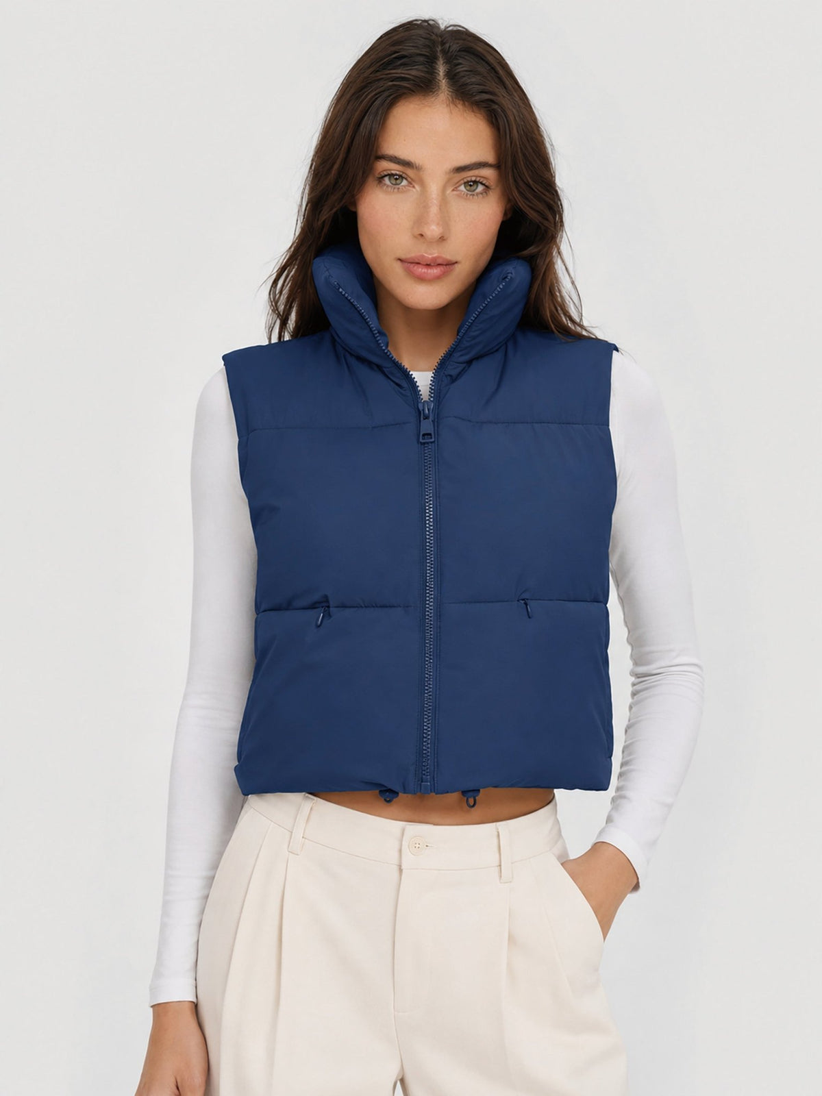 YUCOLEN Women's Cropped Puffer Vest Lightweight Sleeveless Quilted Bubble Gilet in Dark Blue