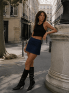 YUCOLEN Women's High Waisted Denim Skort Stretch Jean Skirt with Inner Shorts in Dark Blue