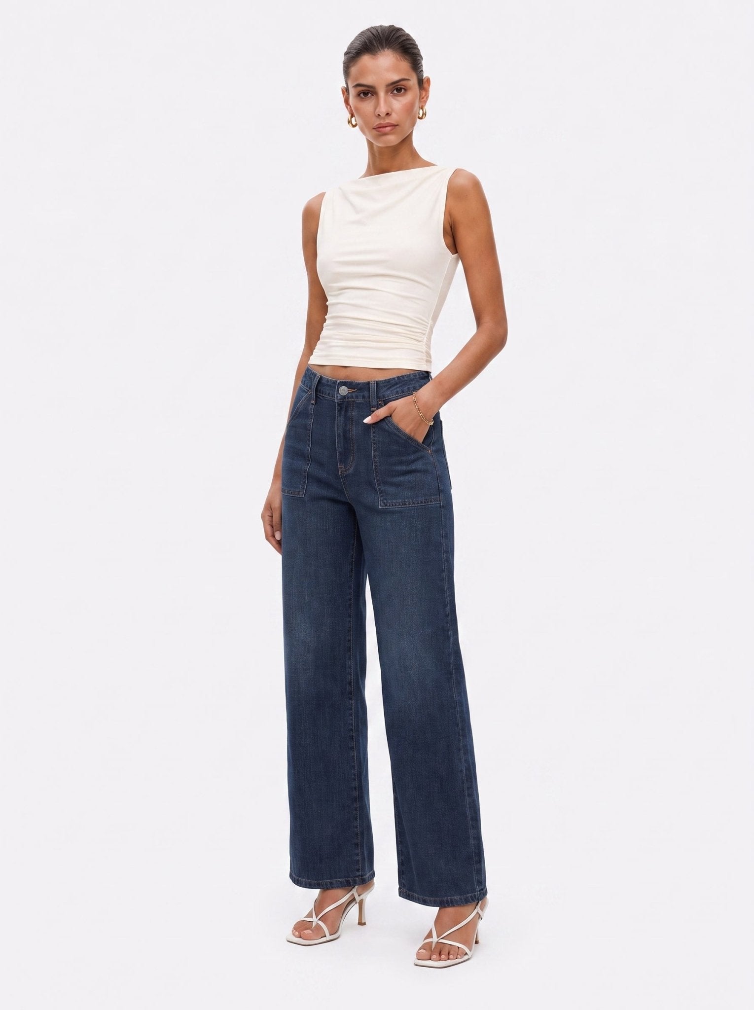 YUCOLEN Women's High Waisted Straight Leg Stretchy Denim Jeans with Pockets in Dark Blue