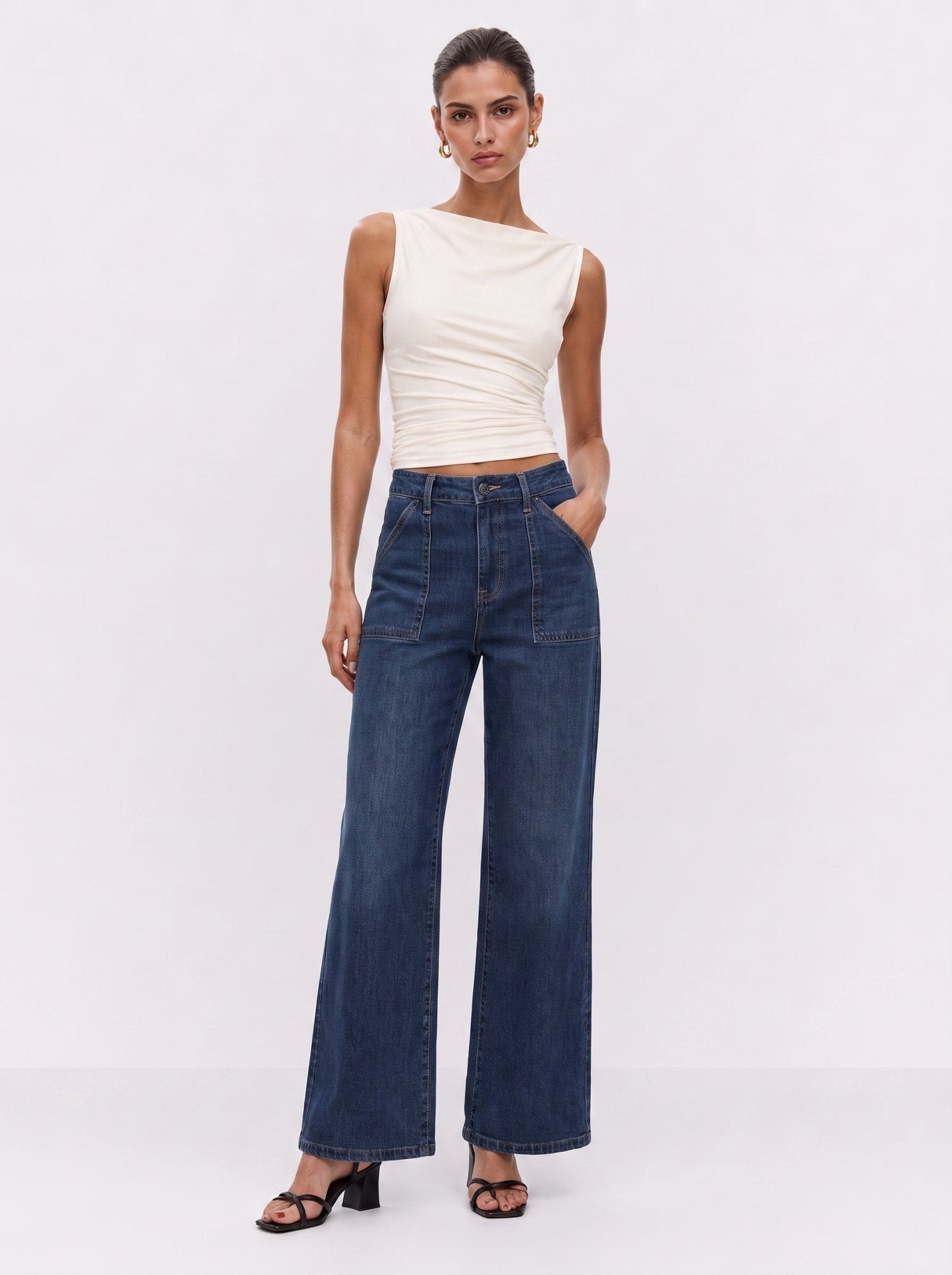 YUCOLEN Women's High Waisted Straight Leg Stretchy Denim Jeans with Pockets in Dark Blue
