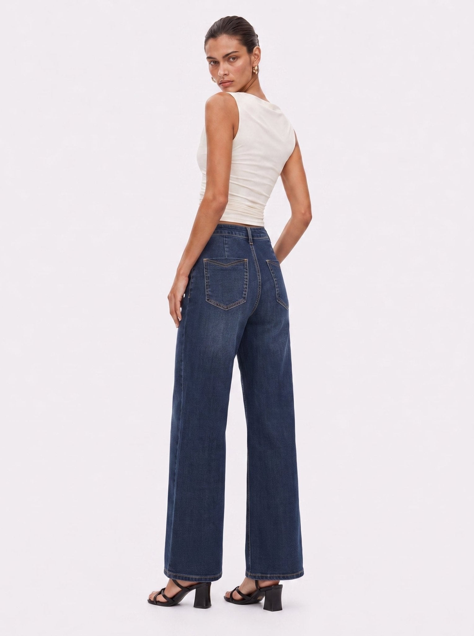YUCOLEN Women's High Waisted Straight Leg Stretchy Denim Jeans with Pockets in Dark Blue