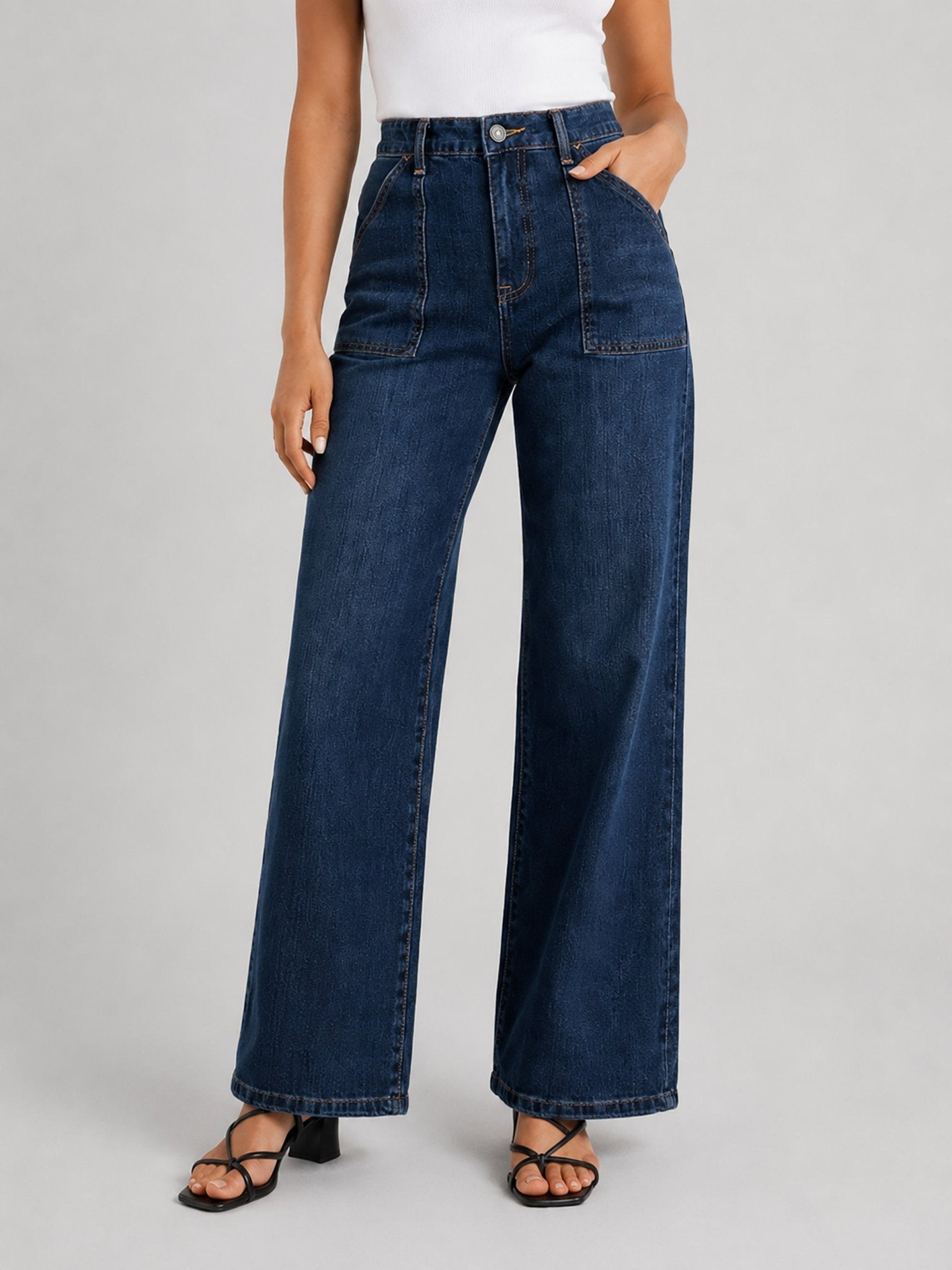 YUCOLEN Women's High Waisted Straight Leg Stretchy Denim Jeans with Pockets in Dark Blue