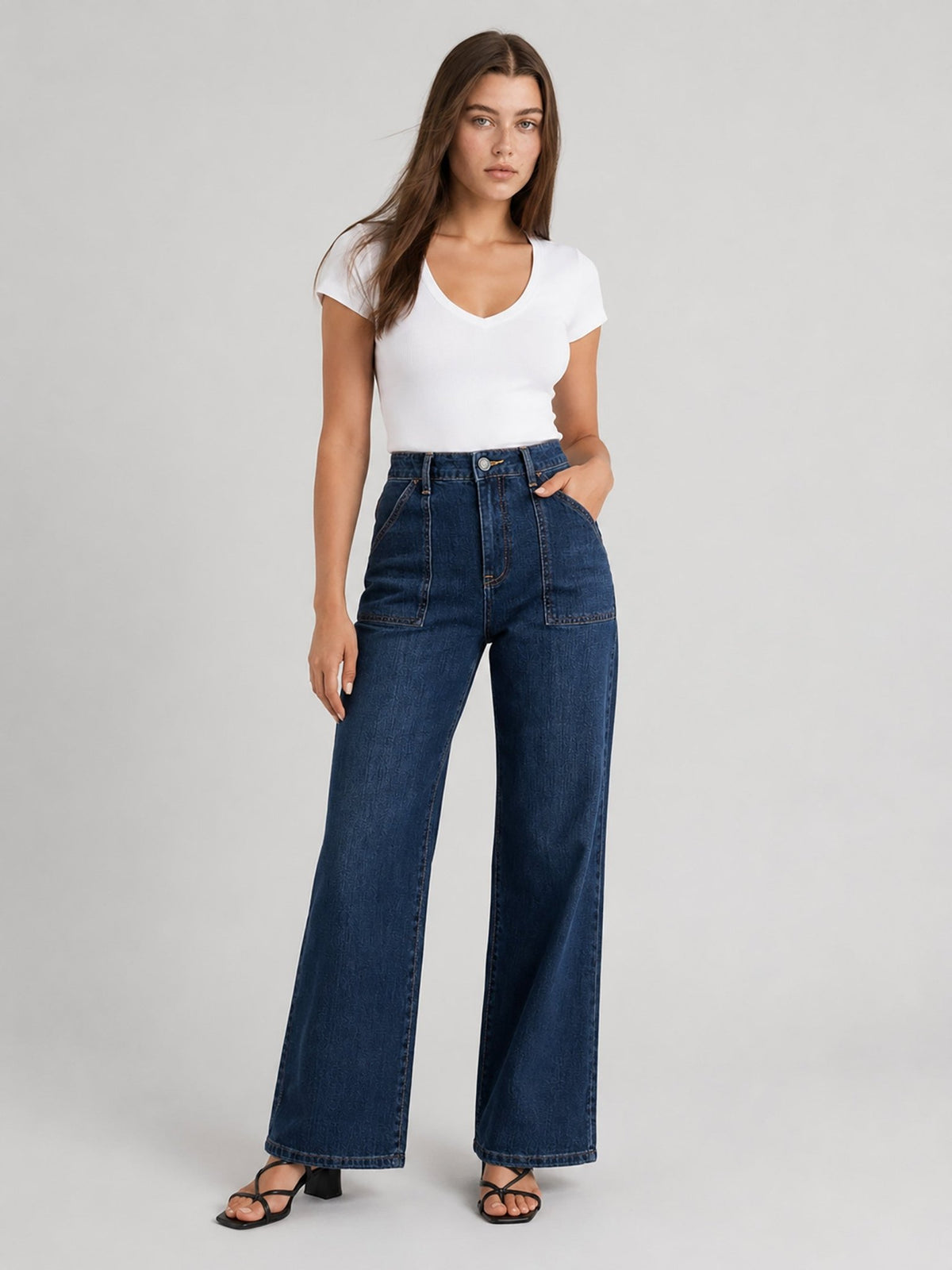 YUCOLEN Women's High Waisted Straight Leg Stretchy Denim Jeans with Pockets in Dark Blue