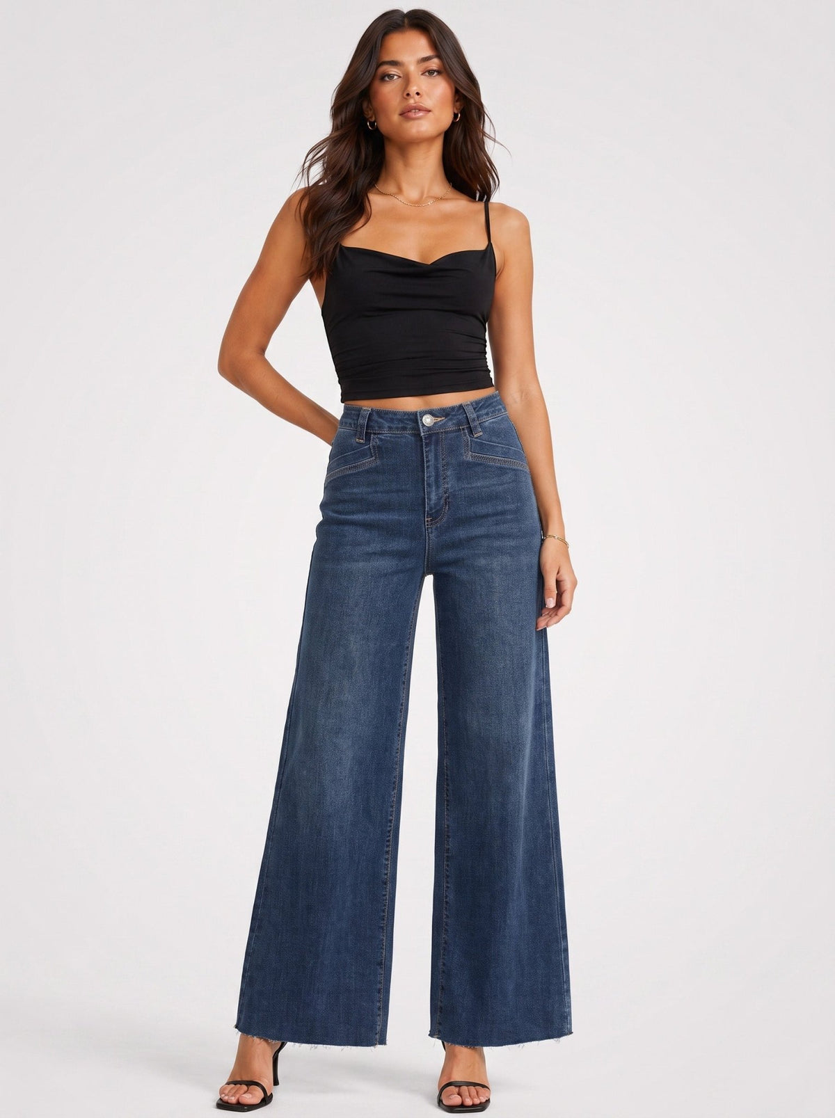 YUCOLEN Women's High Waisted Wide Leg Jeans Stretchy Vintage Loose Denim Pants in Dark Blue