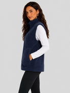 YUCOLEN Women's Sherpa Fleece Vest Fuzzy Zip Up Sleeveless Jacket with 4 Pockets in Dark Blue