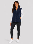 YUCOLEN Women's Sherpa Fleece Vest Fuzzy Zip Up Sleeveless Jacket with 4 Pockets in Dark Blue