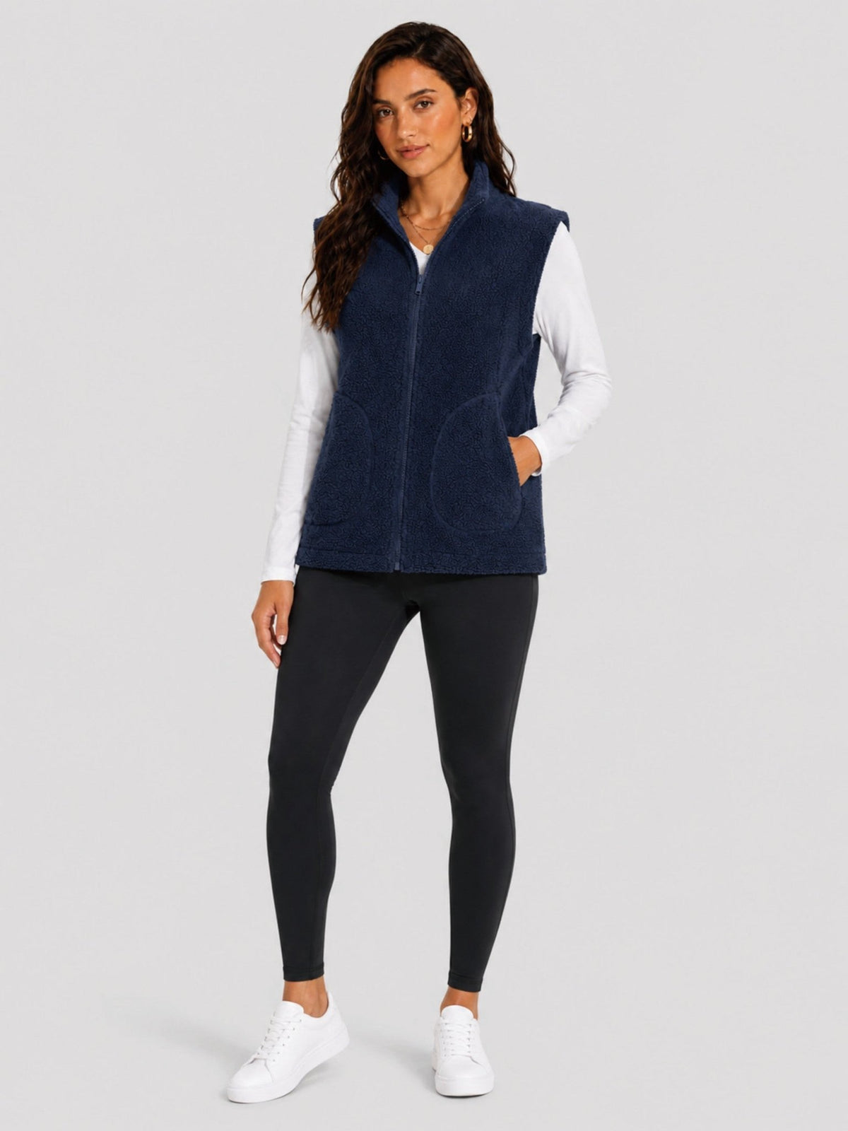 YUCOLEN Women's Sherpa Fleece Vest Fuzzy Zip Up Sleeveless Jacket with 4 Pockets in Dark Blue