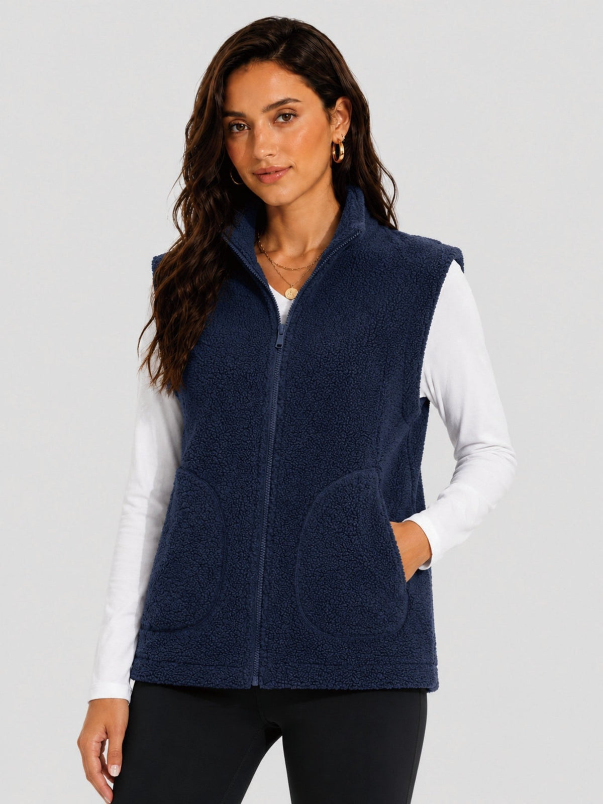 YUCOLEN Women's Sherpa Fleece Vest Fuzzy Zip Up Sleeveless Jacket with 4 Pockets in Dark Blue
