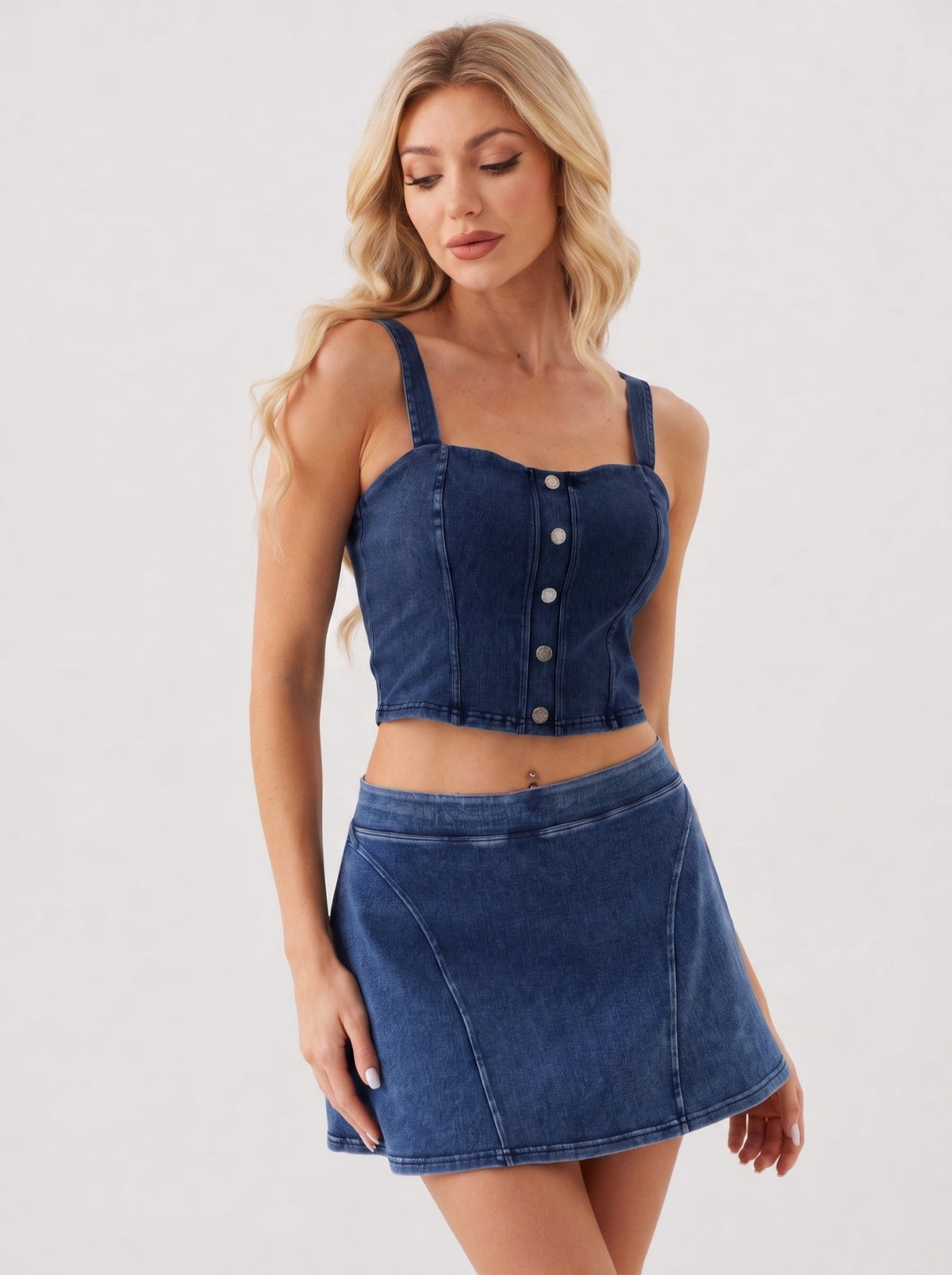 YUCOLEN Women's Square Neck Denim Look Tank Top with Built-in Bra Slim Fit Crop Workout Top in Dark Blue