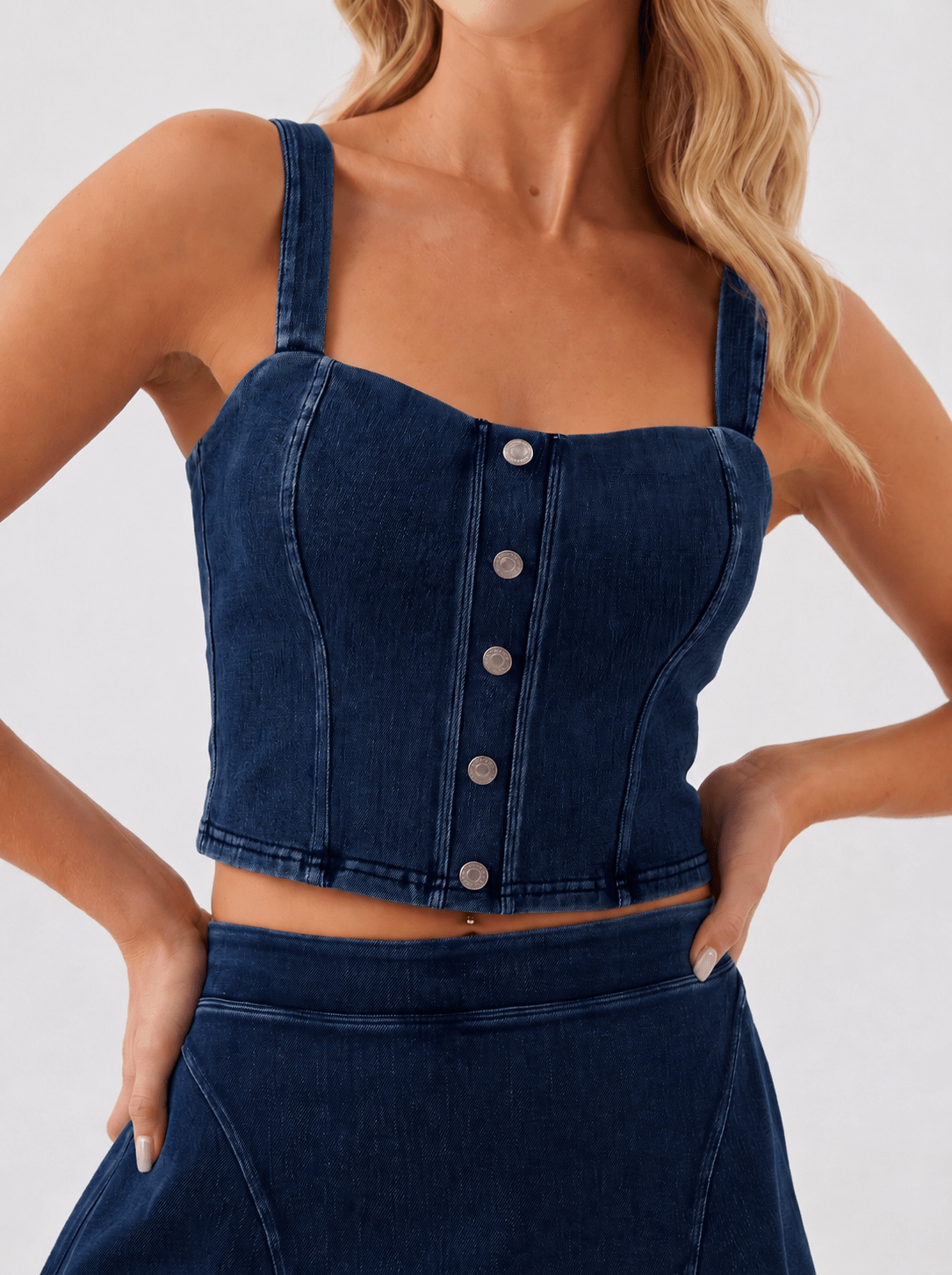YUCOLEN Women's Square Neck Denim Look Tank Top with Built-in Bra Slim Fit Crop Workout Top in Dark Blue