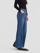 YUCOLEN Women's Wide Leg Jeans Stretchy High Waist Tummy Control Trousers in Dark Blue