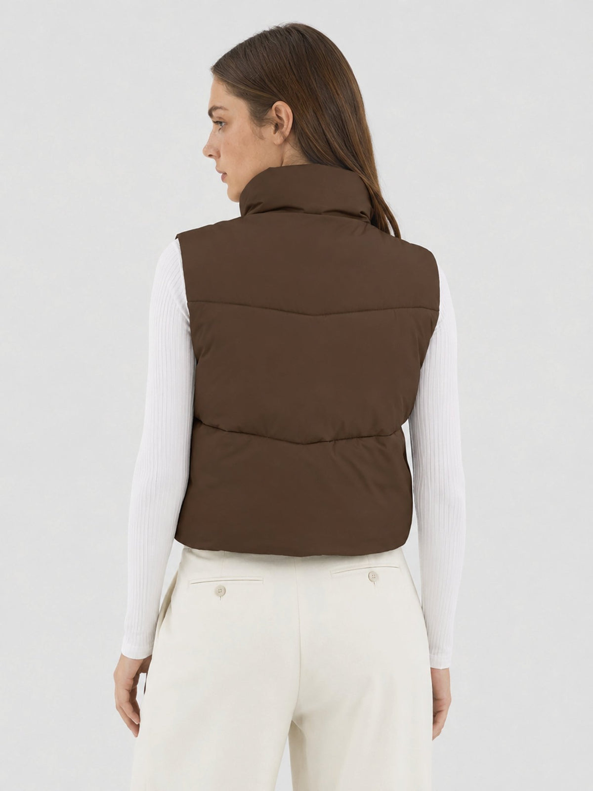 YUCOLEN Women's Cropped Puffer Vest Lightweight Sleeveless Quilted Bubble Gilet in Dark Brown