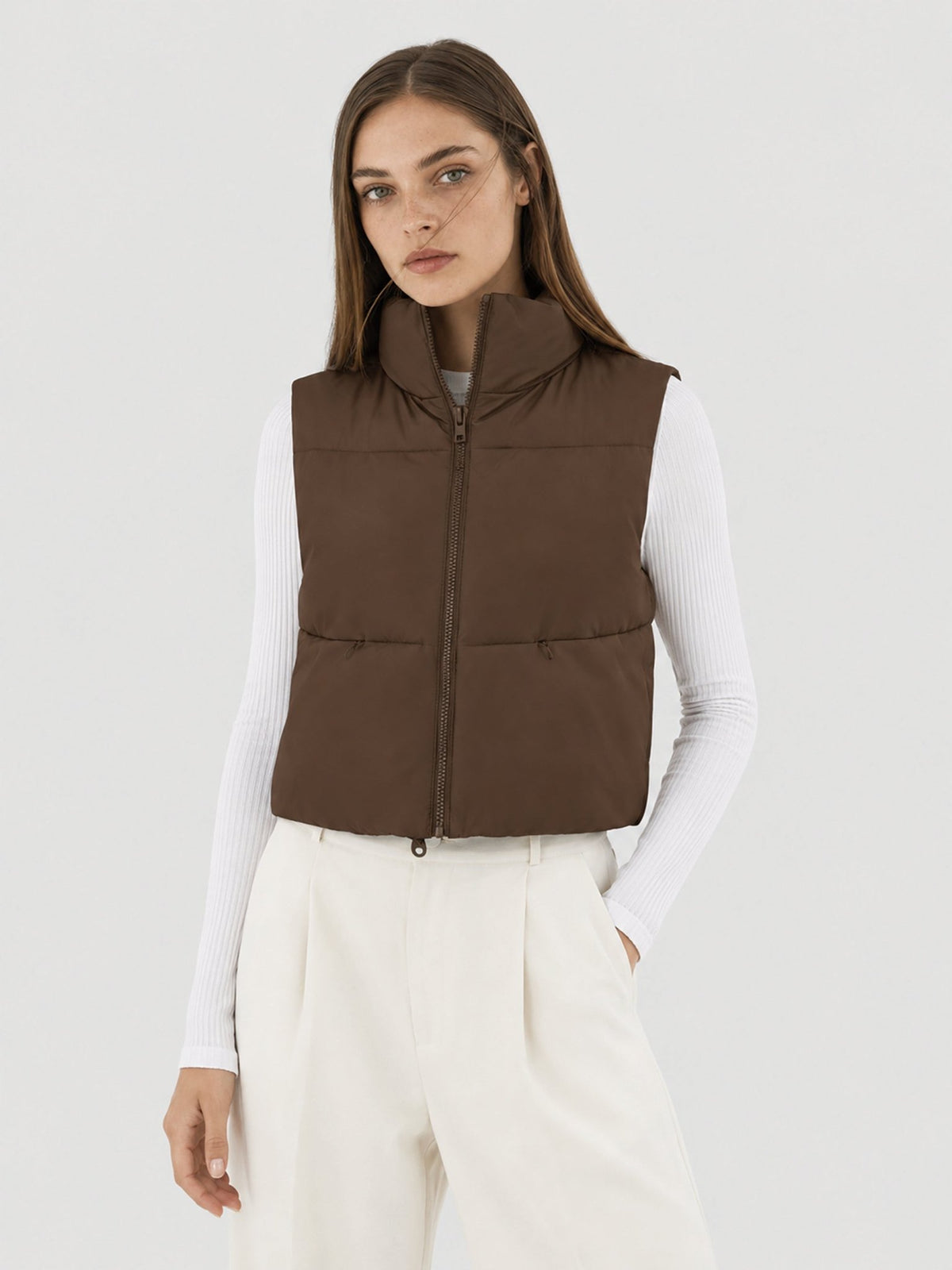 YUCOLEN Women's Cropped Puffer Vest Lightweight Sleeveless Quilted Bubble Gilet in Dark Brown
