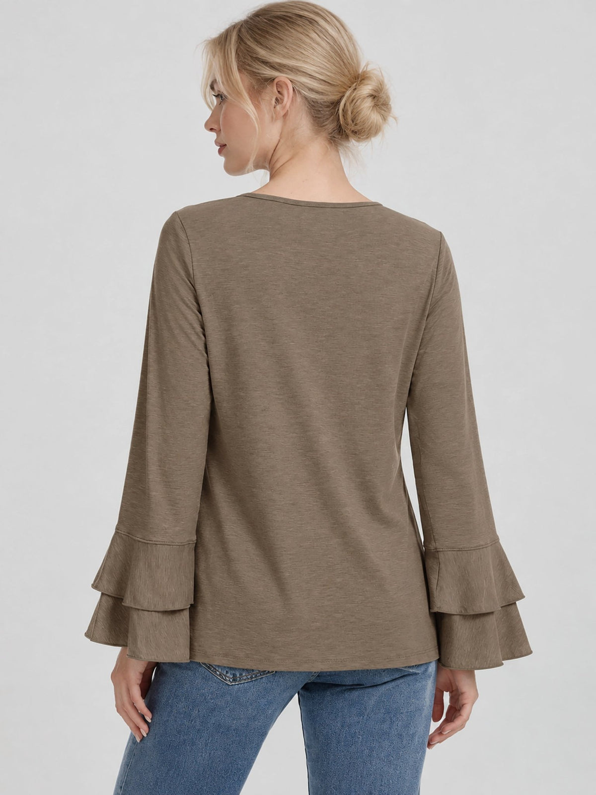 YUCOLEN Women's Double Ruffle Bell Sleeve Dressy Casual Tunic Blouse in Dark Brown