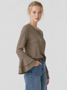YUCOLEN Women's Double Ruffle Bell Sleeve Dressy Casual Tunic Blouse in Dark Brown